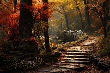Enchanting fall woods with tranquil atmosphere. Rust-colored leaves and enchanted trail conjure a mystical world. Generative AI
