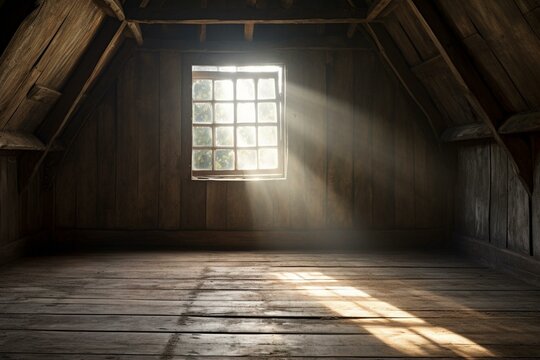 Sunlit old wooden room with a dark background. Generative AI