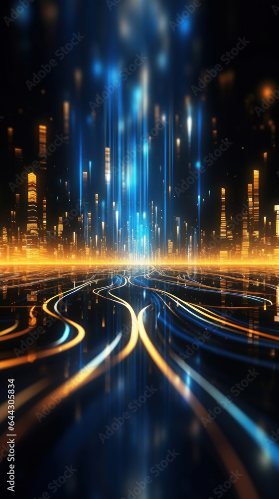 Poster abstract background with gold and blue glowing neon moving high speed line and wave and bokeh lights