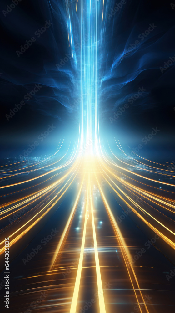 Poster abstract background with gold and blue glowing neon moving high speed line and wave and bokeh lights
