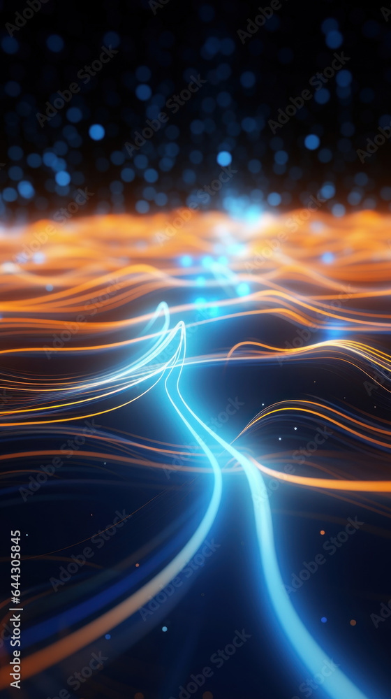 Poster abstract background with gold and blue glowing neon moving high speed line and wave and bokeh lights