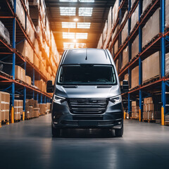 Side view of a commercial van standing in a warehouse.