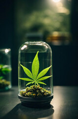 AI generative image of the marijuana plant in a glass jar on a table's lab, close-up marijuana plant in a glass jar, vertical image