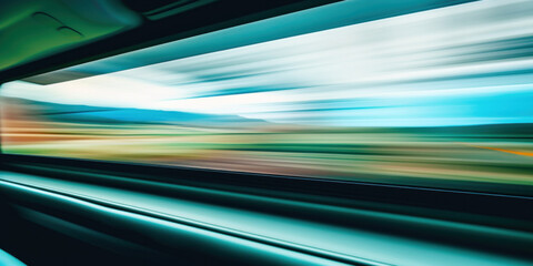 Сlose-up photograph looking out of the front window of the car onto the road ahead, showing acceleration and speed. Stylized with blur and action. Blue, green colors.