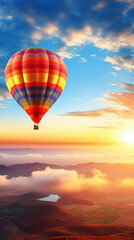Fototapeta premium Hot air balloon in horizon sky, morning sunlight