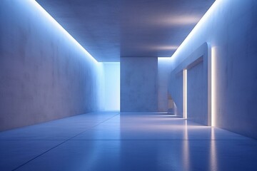 Minimalist modern hallway in glowing grunge concrete with white and blue accents, rendered in 3D. Generative AI