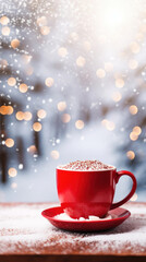 Obraz premium Hot chocolate in red cup on christmas background.