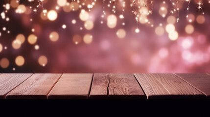 Empty old empty wooden table over magic pink Christmas background