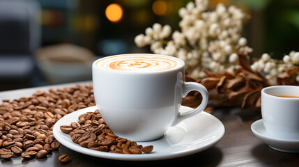 White coffee mug on the table, with fresh coffee beans, beautiful decoration.