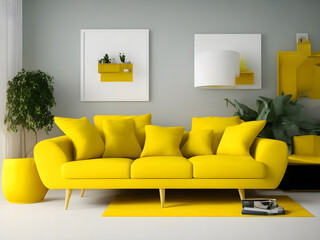 Living room with yellow sofa 3d render 3d illustration