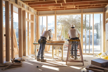 Builders Fitting Doors and Windows into a Newly Constructed House
