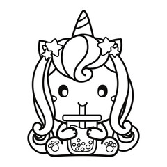 Cute Cartoon black Unicorn Eating Boba Bubble Milk Tea, Animal Drink Icon Concept, Coloring Page Vector.