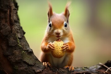 adorable squirrel grasping nut. Generative AI