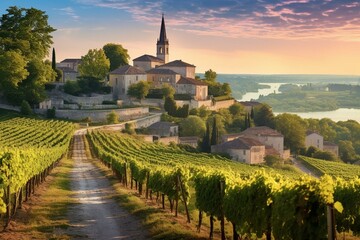 Picturesque vineyards in Saint-Émilion, renowned for Bordeaux winemaking. Generative AI - obrazy, fototapety, plakaty