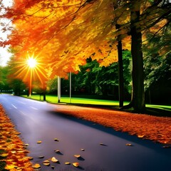 街路樹 秋 紅葉 美しい 高彩度 P