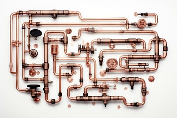 Copper pipes and fittings on a white background. 3D visualisation. Generative AI