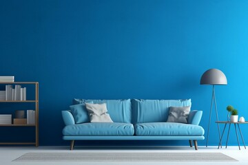 Modern lounge and living room featuring a blue wall. Generative AI