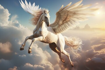 A magical horse named Pegasus flying high in the sky. Generative AI - obrazy, fototapety, plakaty