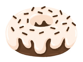 Donut white chocolate with sprinkled raised hand drawn cartoon style isolated on a white background
