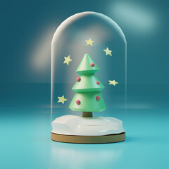 christmas tree with snow in a glassdome background