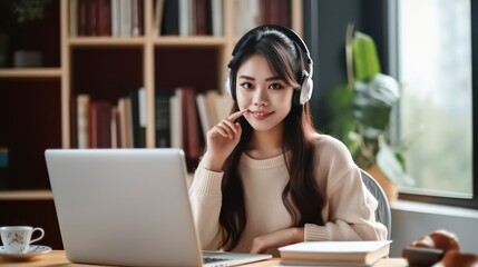 Asian female student studying online using headphones and laptop at home.
