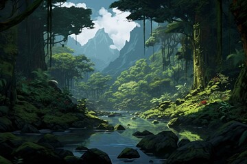 16-bit style rainforest with river digital artwork. Generative AI