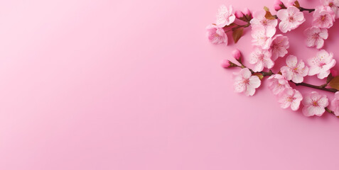 Fototapeta na wymiar japan cherry blossom on pink background, copy space area eomantic concept