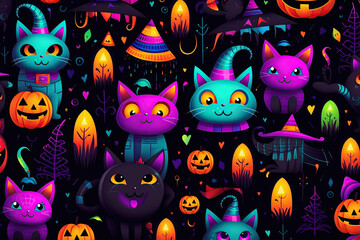 Seamless halloween pattern of adorable cats and festive elements, created with Generative AI