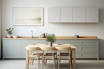 Fototapeta na wymiar Scandinavian style kitchen interior mockup with frame, 3D render. Generative AI