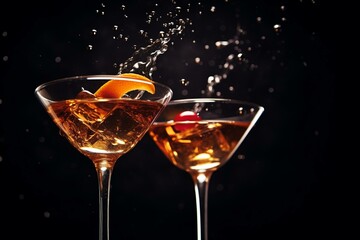 Splashy bourbon Manhattan cocktails on a dark backdrop. Alcoholic drinks. Generative AI