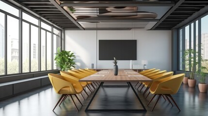 Black and wooden conference room with long table and chairs at modern workplace.