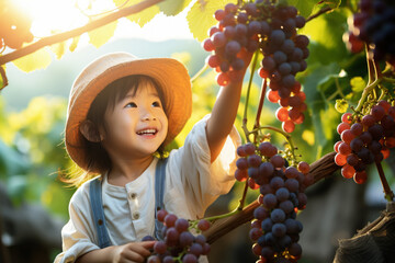 happy little asian kif picking grape in the sunny garden