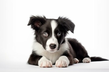 Border collie on white studio background awaiting attention, loyal and playful pet for puppy training. Generative AI