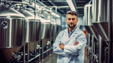 Young man working in modern beer production factory with large steel fermentation tanks in background, Brewery worker.