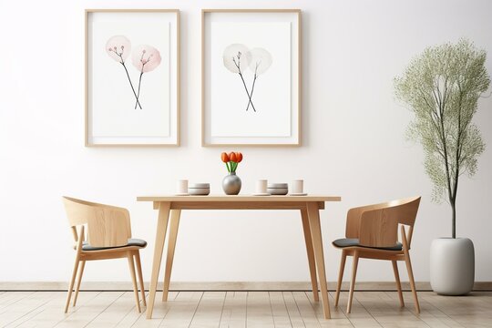 Scandinavian dining room with mock up poster, wooden table, chairs, coffee, flowers. Modern design. Generative AI