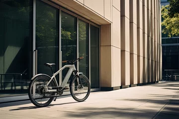 Papier Peint photo Vélo Modern electric white bicycle in front of the modern office glass building on sunny autumn day