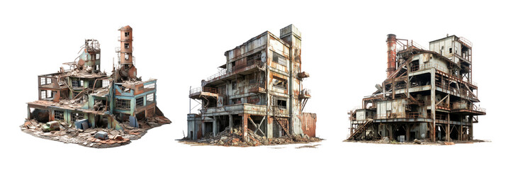 Ruined factory, transparent background, isolated image, generative AI
