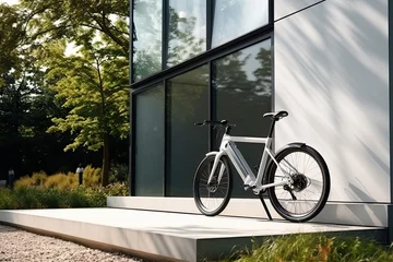 Afwasbaar Fotobehang Fiets Modern electric white bicycle in front of the modern office glass building on sunny autumn day