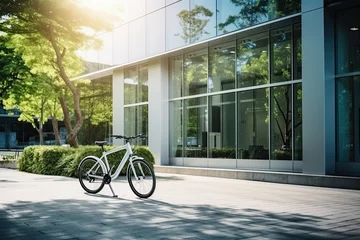 Tuinposter Modern electric white bicycle in front of the modern office glass building on sunny autumn day © ttonaorh