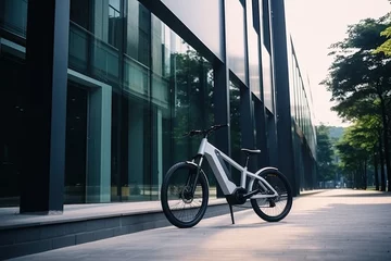 Gordijnen Modern electric white bicycle in front of the modern office glass building on sunny autumn day © ttonaorh