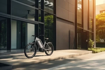 Poster Modern electric white bicycle in front of the modern office glass building on sunny autumn day © ttonaorh