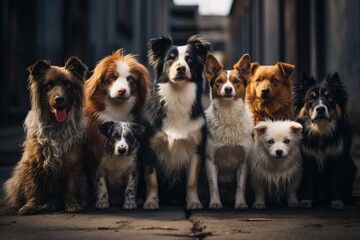 Obraz premium Different dogs sit separately and look at the camera. Pets
