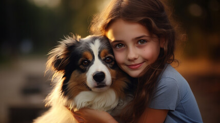 Cute girl hugging dog in the field day together.
