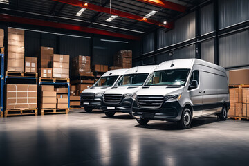 Side view of a commercial van standing in a warehouse. - Powered by Adobe