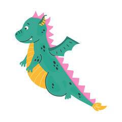 Flying cute green dragon, baby dinosaur for kids