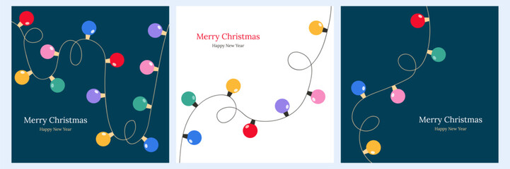 Christmas lights garland card in flat style