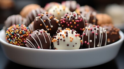 Delicious cake pops decorated with frosting chocolate and sprinkles.