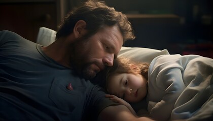 A father takes care of his sick daughter, concept of parenting and family love



