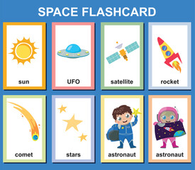 Vector Space flashcards set. English language game for kids with cute astronaut, rocket, comet, stars, ufo, sun, satellite. Astronomy flashcards with funny characters. Simple educational printable  © idcreative.ddid