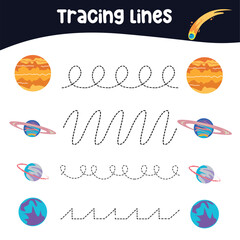 Tracing horizontal lines activity with planets in the solar system, earth, mars, Venus, Uranus, Saturn, mercury, etc. Tracing worksheet for kids practising the motoric skills. 
